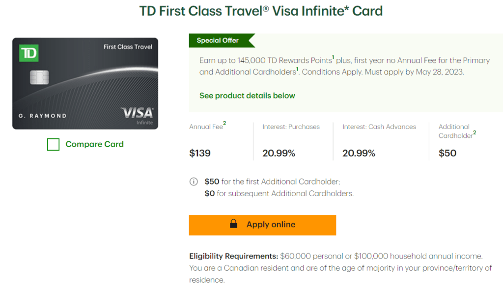 TD First Class Travel Visa Infinite Card